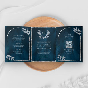 Silver Laurel Wreath Blätter Ocean Blue Wedding Dreifach Gefaltete Einladung