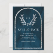 Silver Laurel Wreath Blätter Ocean Blue Wedding Save The Date (Vorderseite)