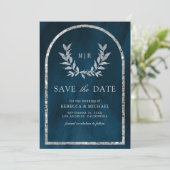 Silver Laurel Wreath Blätter Ocean Blue Wedding Save The Date (Stehend Vorderseite)