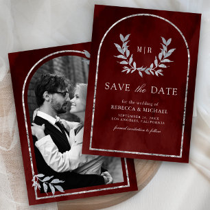 Silver Laurel Wreath Verlasst Burgundy Red Wedding Save The Date