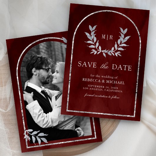 Silver Laurel Wreath Verlasst Burgundy Red Wedding Save The Date