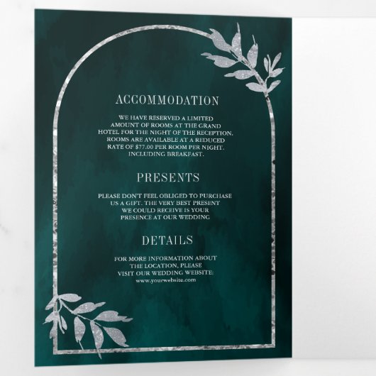 Silver Laurel Wreath Verlasst Dunkle Aquamarine Ho Dreifach Gefaltete Einladung (Innen Erste Seite)