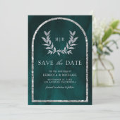 Silver Laurel Wreath Verlasst Dunkle Aquamarine Ho Save The Date (Stehend Vorderseite)