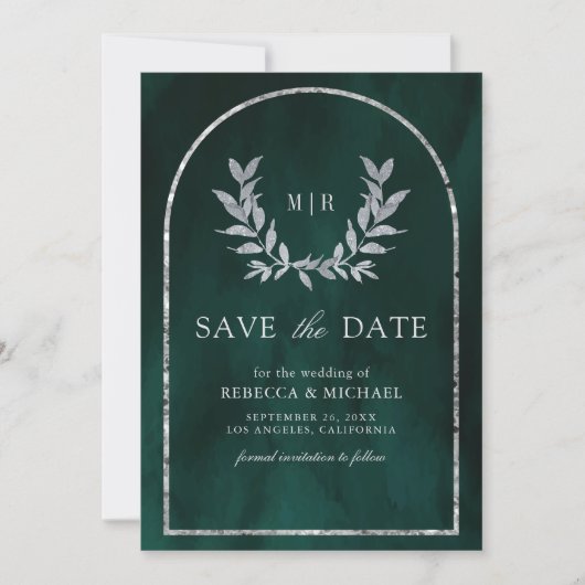 Silver Laurel Wreath Verlasst Emerald Green Weddin Save The Date (Vorderseite)