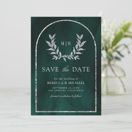 Silver Laurel Wreath Verlasst Emerald Green Weddin Save The Date (Stehend Vorderseite)
