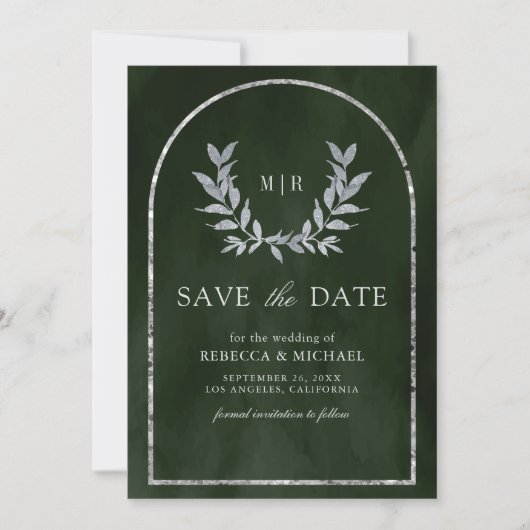 Silver Laurel Wreath Verlasst Olive Green Wedding Save The Date (Vorderseite)