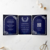 Silver Laurel Wreath Verlasst Royal Blue Wedding Dreifach Gefaltete Einladung (Innenseite)