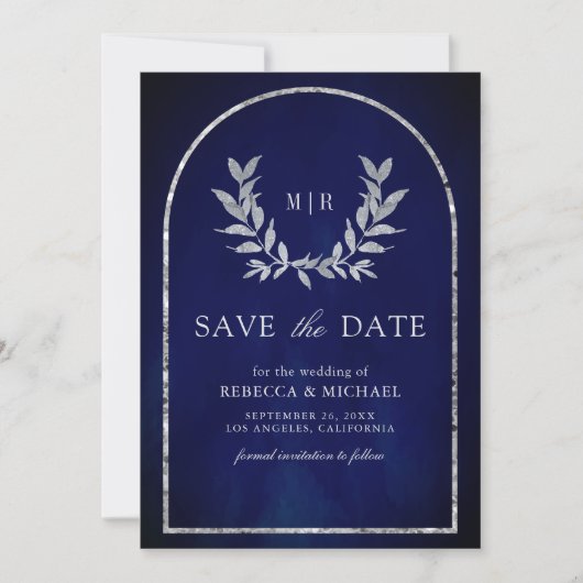 Silver Laurel Wreath Verlasst Royal Blue Wedding Save The Date (Vorderseite)