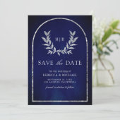 Silver Laurel Wreath Verlasst Royal Blue Wedding Save The Date (Stehend Vorderseite)