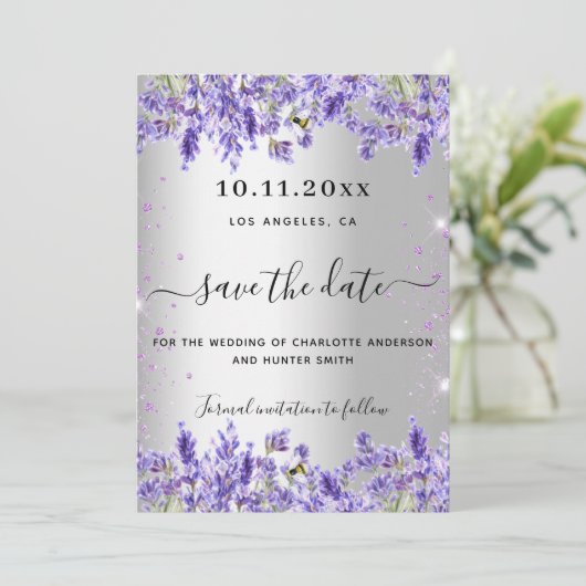 Silver Lavendel florals Hochzeit speichern das Dat Save The Date (Stehend Vorderseite)