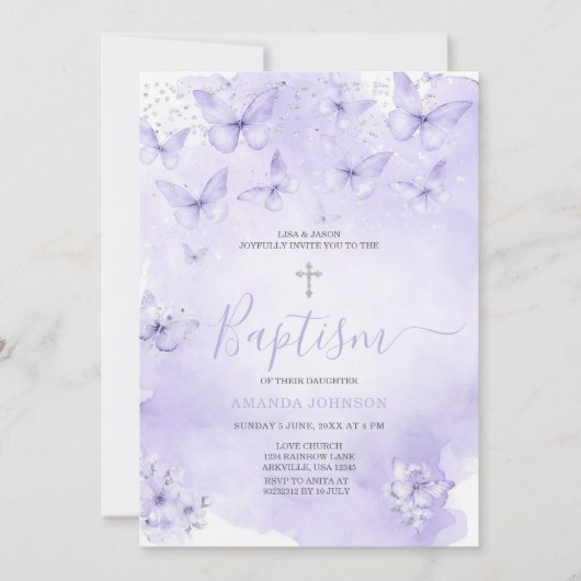 Silver Lavender Butterfly Baptism Purple Einladung (Vorderseite)