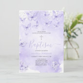 Silver Lavender Butterfly Baptism Purple Einladung (Stehend Vorderseite)