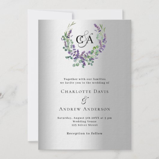 Silver lavender florals monogram Luxus Hochzeit Einladung (Vorderseite)