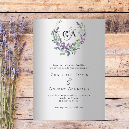 Silver lavender florals monogram Luxus Hochzeit Einladung