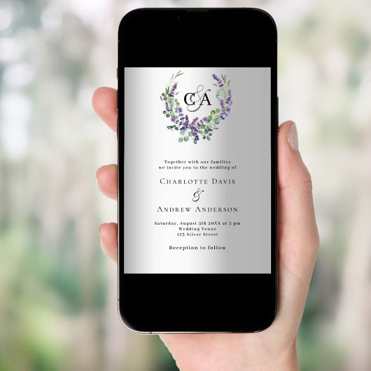 Silver lavender florals monogram Luxus Hochzeit Einladung