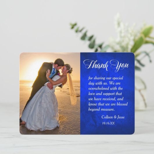 Silver Leaf Bright Blue Foto Wedding Vielen Dank Dankeskarte (Stehend Vorderseite)
