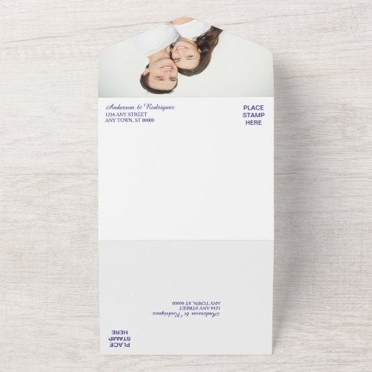 Silver Leaf Swirl Blue Foto Template Wedding All In One Einladung (Außenbereich)