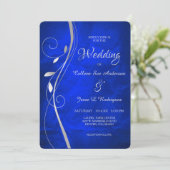 Silver Leaf Swirl Bright Blue Wedding Einladung (Stehend Vorderseite)
