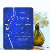 Silver Leaf Swirl Bright Blue Wedding Einladung