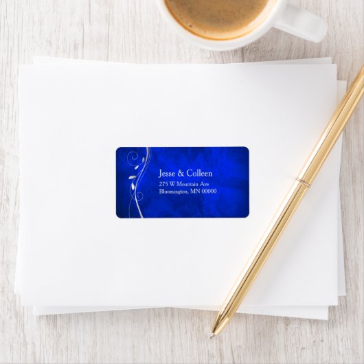 Silver Leaf Swirl Bright Blue Wedding Return Label Adressaufkleber (Insitu)