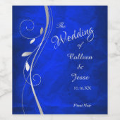 Silver Leaf Swirl Bright Blue Wedding Wine Label Weinetikett (Einzelnes Label)