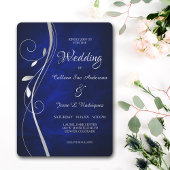 Silver Leaf Swirl Deep Blue Wedding Einladung