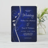 Silver Leaf Swirl Deep Blue Wedding Einladung (Stehend Vorderseite)
