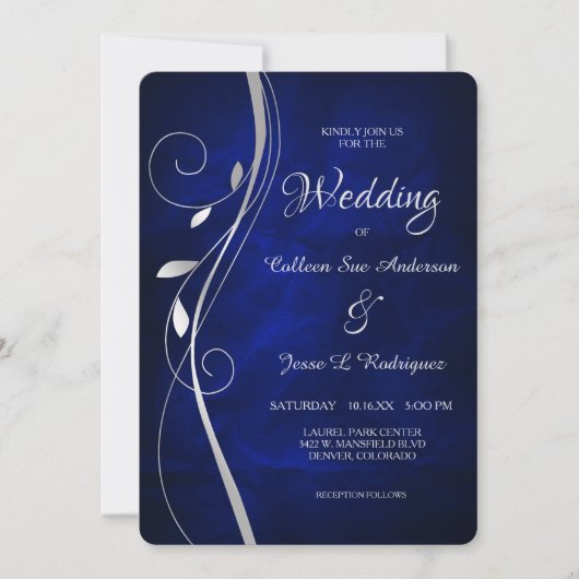 Silver Leaf Swirl Deep Blue Wedding Einladung (Vorderseite)