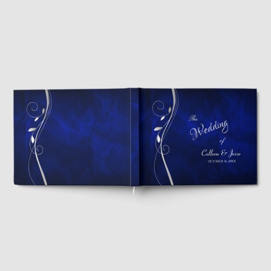 Silver Leaf Swirl Deep Blue Wedding Gästebuch (Voll)