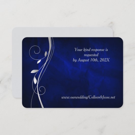 Silver Leaf Swirl Deep Blue Wedding RSVP Card (Vorne/Hinten)