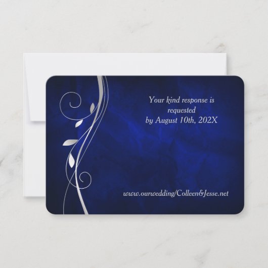 Silver Leaf Swirl Deep Blue Wedding RSVP Card Karte (Vorderseite)