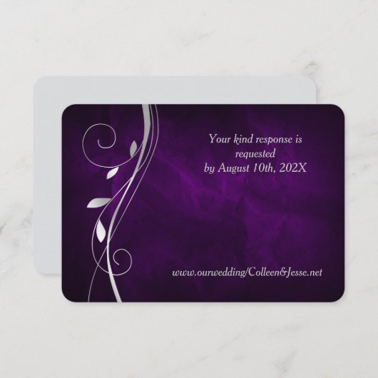 Silver Leaf Swirl Deep Lila Wedding RSVP Card (Vorne/Hinten)