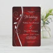 Silver Leaf Swirl Deep Red Wedding Einladung (Stehend Vorderseite)