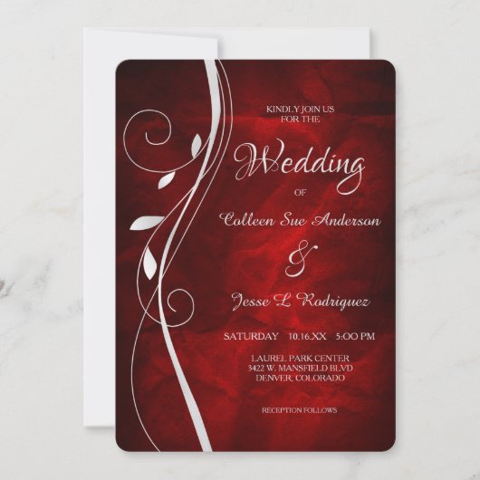 Silver Leaf Swirl Deep Red Wedding Einladung (Vorderseite)