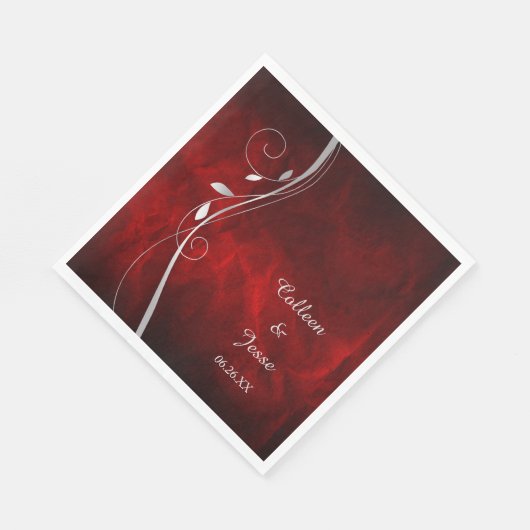 Silver Leaf Swirl Deep Red Wedding Napkins Serviette (Ecke)