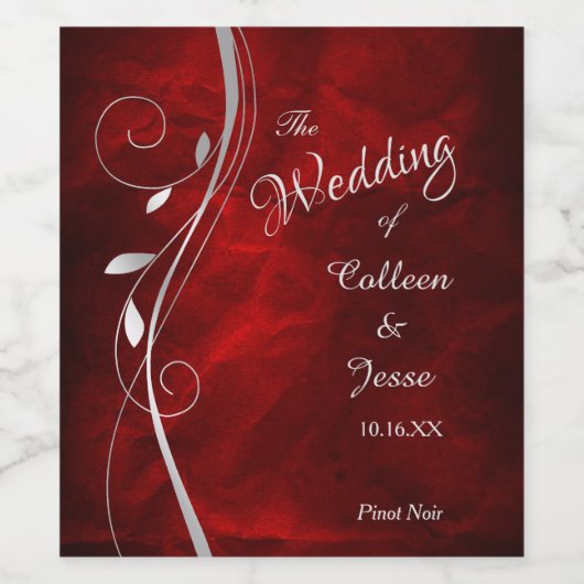 Silver Leaf Swirl Red Wedding Wine Label Weinetikett (Einzelnes Label)