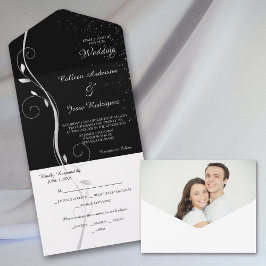 Silver Leaf Swirl Schwarze Fotovorlage Hochzeit All In One Einladung