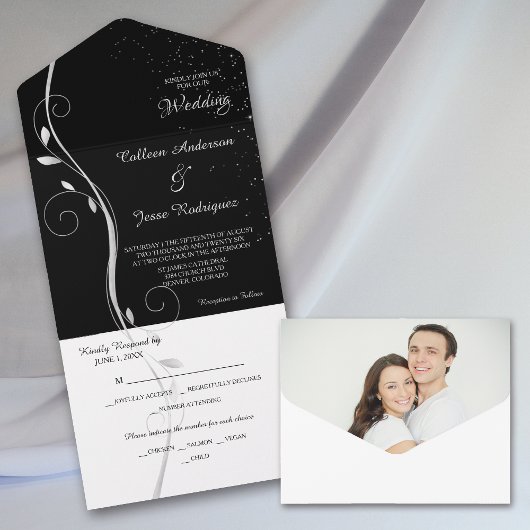 Silver Leaf Swirl Schwarze Fotovorlage Hochzeit All In One Einladung
