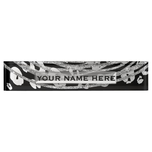 Silver Leopard Cheetah Trendy Glam Personalisiert Namensplakette (Vorderseite)