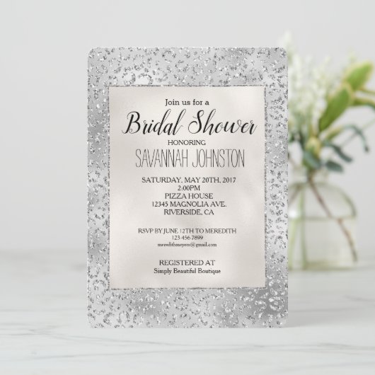 Silver Leopard Print Luxe Glitzer Bridal Einladung (Stehend Vorderseite)