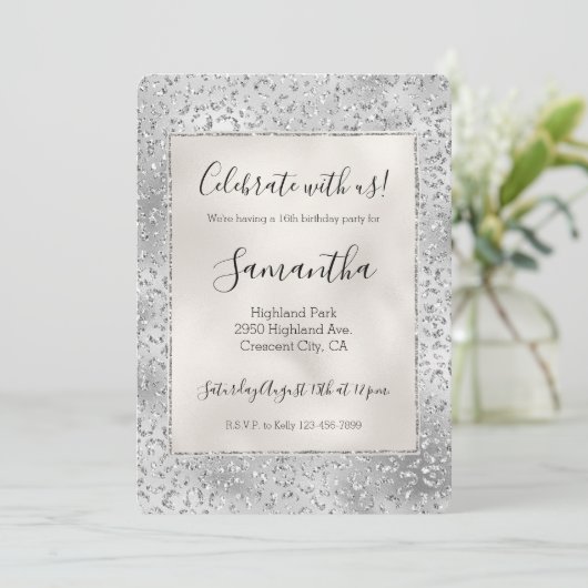 Silver Leopard Print Luxe Glitzer Einladung (Stehend Vorderseite)