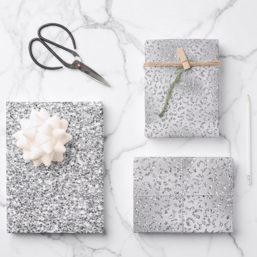 Silver Leopard Print Luxe Glitzer Geschenkpapier Set (Vorderseite)
