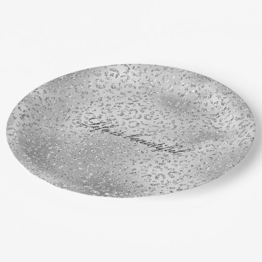 Silver Leopard Print Luxe Glitzer Pappteller (Schrägansicht)