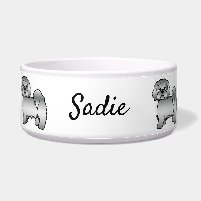 Silver Lhasa Apso Niedlich Cartoon Dog & Name Napf (Vorderseite)