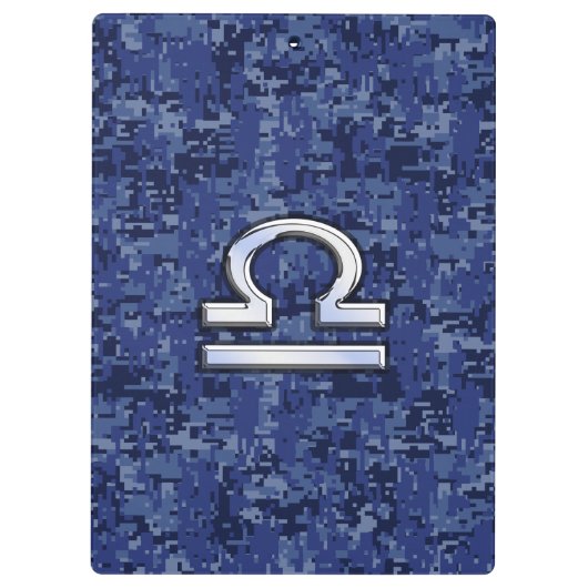 Silver Libra Zodiac Sign auf blauer digitaler Camo Klemmbrett (Rückseite)