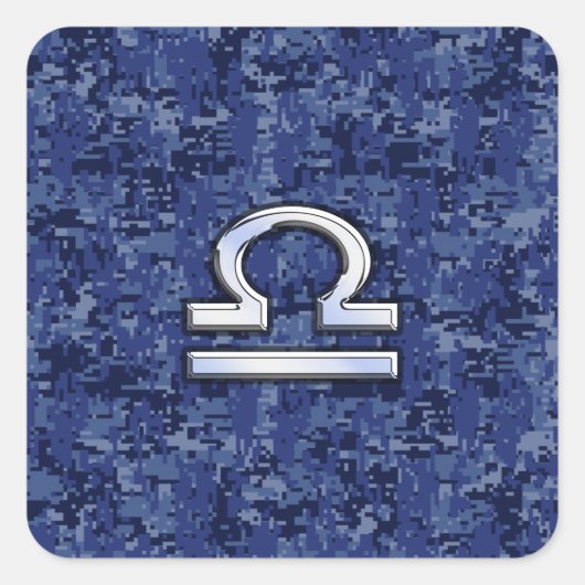 Silver Libra Zodiac Sign auf blauer digitaler Camo Quadratischer Aufkleber (Vorderseite)