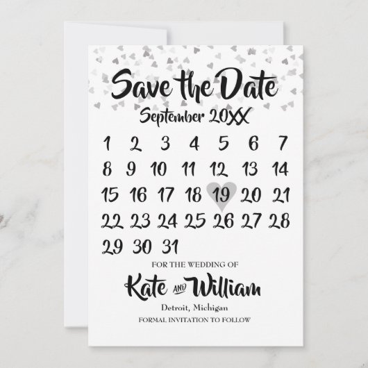 Silver Liebe Hört Confetti Kalender Save the Date (Vorderseite)