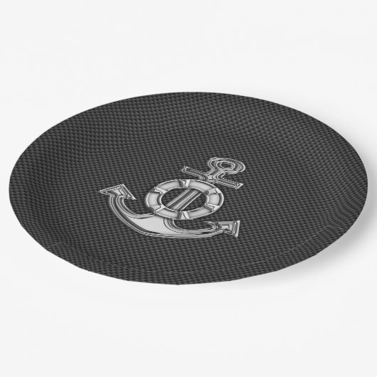 Silver Lifesaver Anker auf schwarzem Kohlenstofffa Pappteller (Schrägansicht)