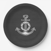 Silver Lifesaver Anker auf schwarzem Kohlenstofffa Pappteller (Vorderseite)