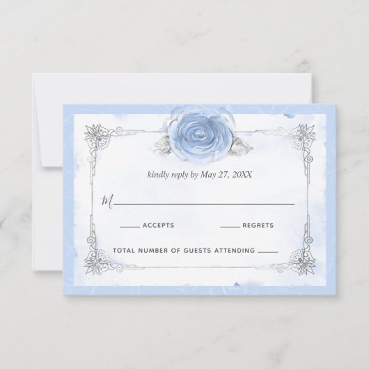 Silver Light Baby Blue Rose Elegant RSVP Karte (Vorderseite)